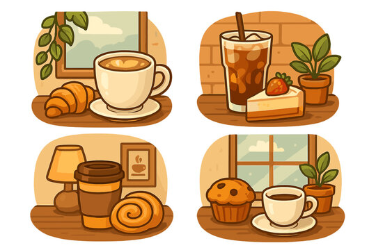 Coffee and pastry illustration set. Vector cartoon icons for a cafe menu. Includes cappuccino with croissant, iced coffee with cheesecake, muffin, and a cinnamon roll.