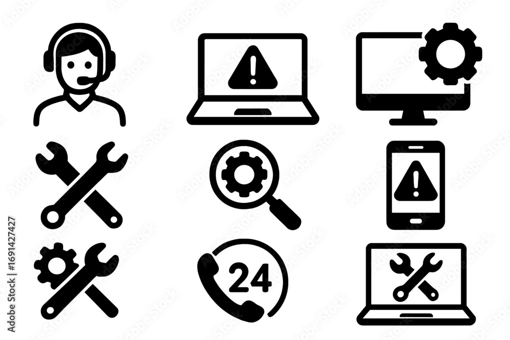 Aufkleber technical support icon set for it service and customer assistance. vector glyph collection for helpd