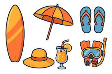 Summer beach vacation essentials icon set. Vector cartoon illustration of surfboard, umbrella, flip flops, sun hat, tropical cocktail drink, and snorkeling gear for diving.