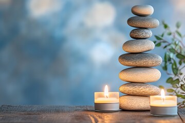 Serene Stone Cairn with Candles, Balanced Rocks, and Bokeh Background for Relaxation.