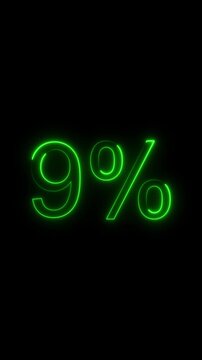 Glowing Green Neon 9 Percent Symbol Animation Abstract Background Business Finance Discount Sale Concept