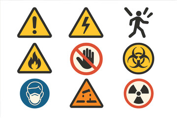 Vector set of safety hazard warning symbols. Flat design icons for danger and caution. Signs for fire, electricity, biohazard, radiation, corrosive and general risk alert.