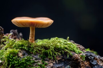 Close-up of a Delicate Tan Mushroom on Moss-Covered Log.