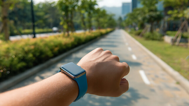 Person wearing a smartwatch while jogging on a park path