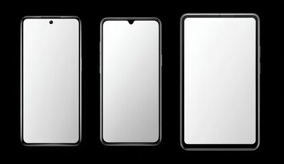 Three smartphone mockups, varying sizes, on a black background