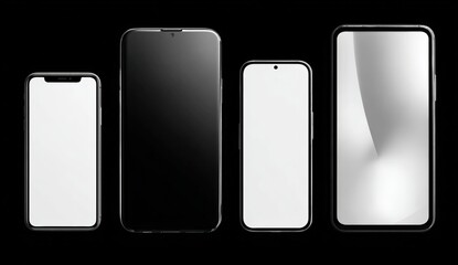 Four smartphones with blank screens on black background