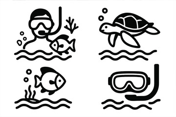 Snorkeling icon set. Underwater exploration concepts. Diver with mask, fish, sea turtle. Marine life and ocean waves. Minimalist simple glyph vector cartoon illustration.