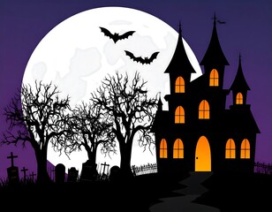 Halloween castle at night under a full moon