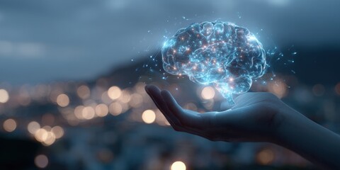 A hand holds a digital brain