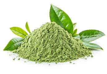 Pristine Pile of Green Tea Powder, Fresh Leaves Accentuate Natural Goodness.