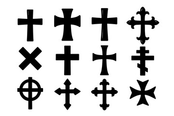 Set of Christian crosses. Black graphic silhouette icons. Religious symbol collection. Vector illustration of various crucifix forms for design. Catholic, Orthodox, Celtic cross.