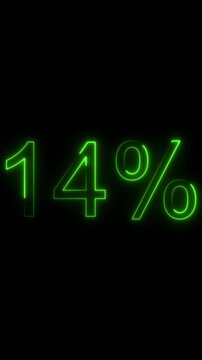 Glowing Neon Green 14 Percent Symbol Animated on Black Background Futuristic Digital Countdown Number Percentage Discount Sale Offer