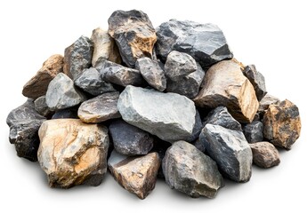 A Textured Mound of Angular, Multicolored Crushed Rocks Isolated on a Pure White Background.