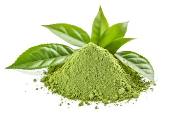 Vibrant Green Matcha Powder Pile with Fresh Tea Leaves Isolated on a Clean White Background.