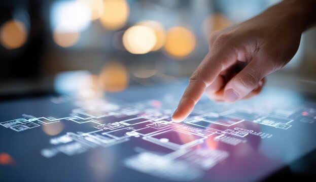 A hand touching a glowing digital blueprint on a tablet