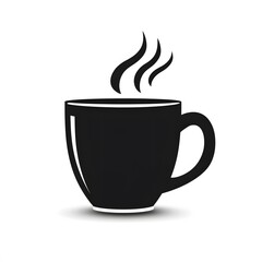 Elegant Black Silhouette Icon of a Steaming Hot Coffee Mug with a Subtle Drop Shadow.