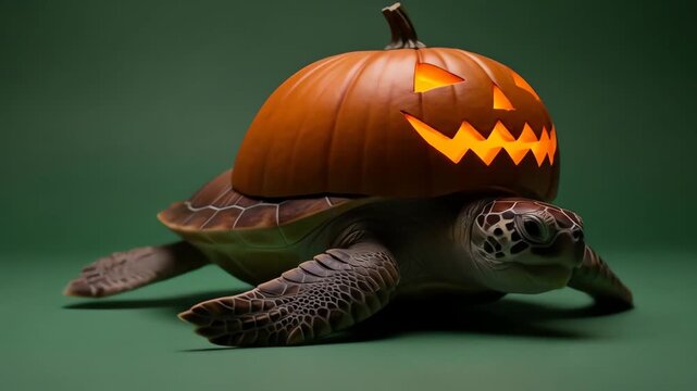 A turtle with a carved lit pumpkin on its shell on a green background