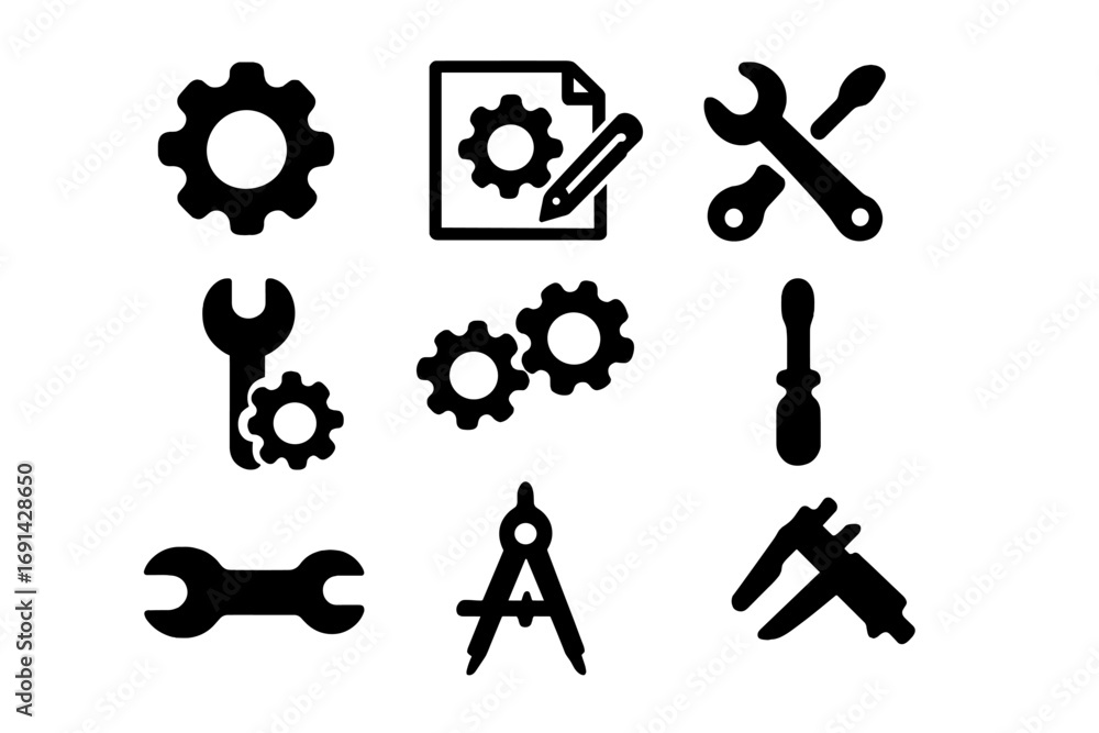 Aufkleber Set of black flat icons for engineering and design. Tools and gears collection for repair service and development concepts. Vector illustration of mechanical workshop symbols.