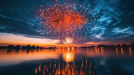 Spectacular Fireworks Over Calm Lake at Sunset