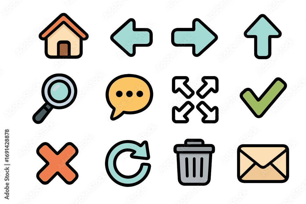 Poster ui icon set for web navigation and communication. metaphor for user interface actions. home, search,