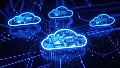 Dynamic blue cloud computing network with interconnected data streams, symbolizing modern digital infrastructure and global connectivity.