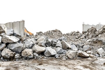 Rugged terrain: Stone piles juxtaposed against unfinished construction site