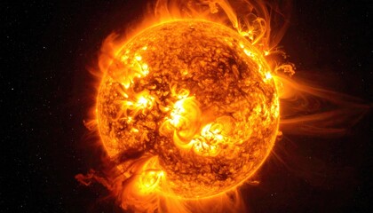 Our magnificent sun radiating immense power, showcasing brilliant solar flares and a turbulent surface against a dark, distant, star-studded cosmos.
