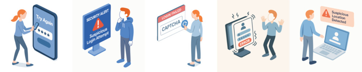 Isometric Style Detailed Login Authentication Security Issue Set Illustration