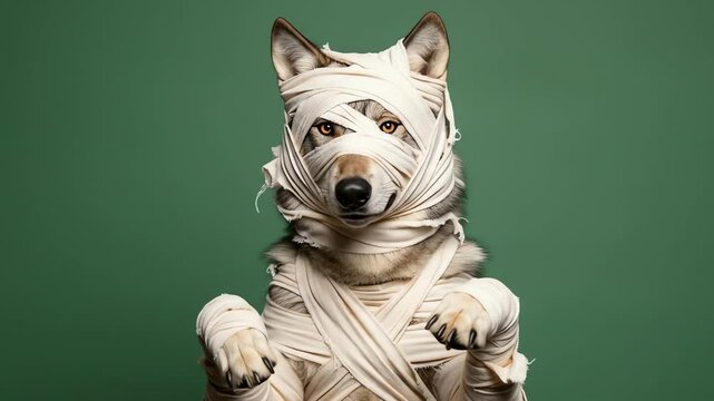 A wolf dressed in mummy bandages against a green background