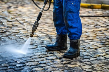 Worker in Blue Overalls Blasts Grime from Wet Cobblestone with a High-Pressure Jet.