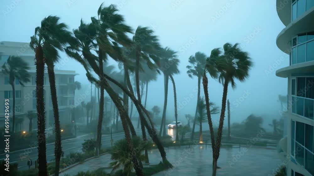 Poster a palm tree is bent over and has fallen over. the sky is cloudy and the wind is blowing