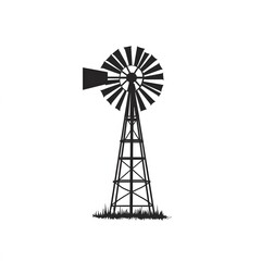 Simple black and white windmill illustration evokes rural tranquility and energy generation