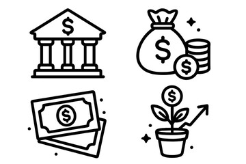 Financial icon set for banking, investment, and economic growth. Money savings concept. Bank, cash, coins, and growing plant with dollar sign. Vector line art illustration.