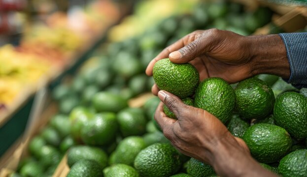 Person inspecting avocados in a grocery store