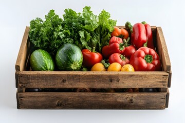 Rustic wooden crate overflowing with fresh, vibrant garden vegetables harvest