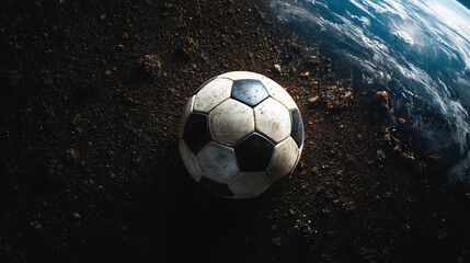 Fototapeta premium A soccer ball on the ground, with a clear focus on details, top view