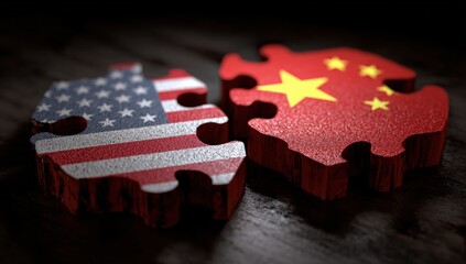 Two puzzle pieces, USA and China flags