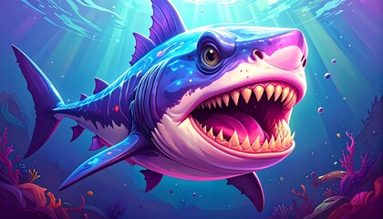 Vibrant, stylized shark in underwater scene