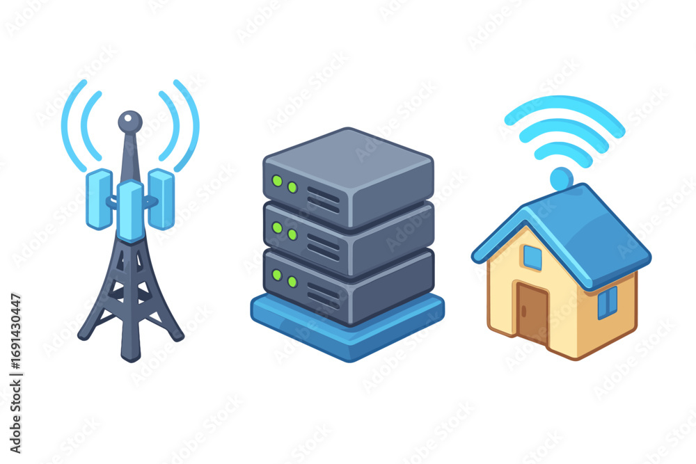 Poster isometric tech icons set with 5g tower, server rack, and smart home. vector illustration for concept