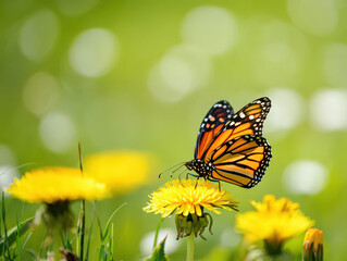 Naklejka premium Vivid Monarch Butterfly Resting on a Bright Yellow Dandelion, Capturing a Moment of Serene Harmony in a Sun-Kissed Field of Wildflowers and Greenery