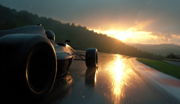 Racing car on wet track at sunset (1)