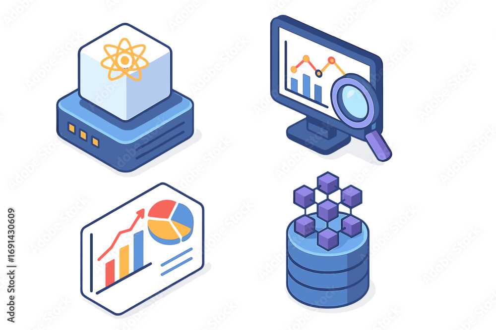 Poster isometric technology icon set for data analysis and quantum computing. vector illustrations of datab