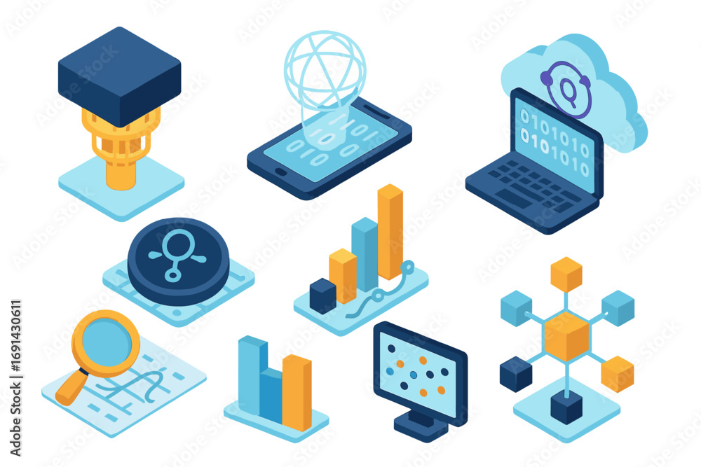 Poster isometric technology icon set. quantum computing, data analysis, cloud network. vector infographic e