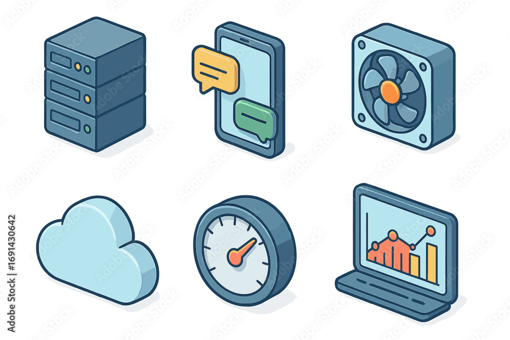 Poster isometric technology icon set. server, data analysis, cloud computing, communication. vector icons f