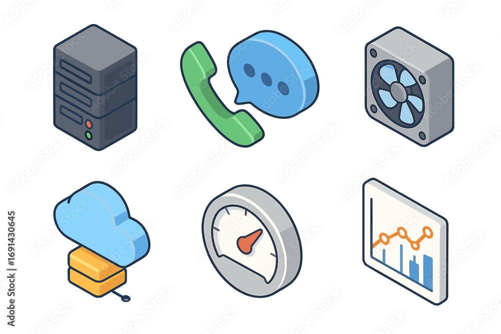 Aufkleber isometric technology icon set for data center and web services. server, cloud computing, communicati
