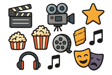 Multimedia icons set for entertainment. Cinema and film production elements like camera, clapperboard, popcorn, and ticket. Music and theater symbols. Vector cartoon style.