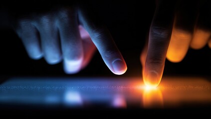 Close-up of hands interacting with a glowing tablet