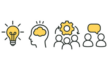 Business process icon set. Innovation, brainstorming, teamwork, communication concepts. Vector illustration for workflow, idea generation, collaboration, creative strategy, management.