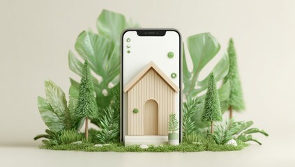 A smartphone displays a miniature wooden house in a lush green landscape