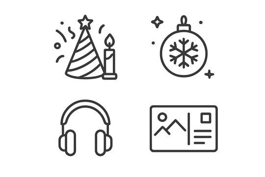 Party and holiday celebration line icon set. Birthday hat, candle, Christmas ornament, headphones for music, and travel postcard. Minimalist linear pictograms with editable stroke.